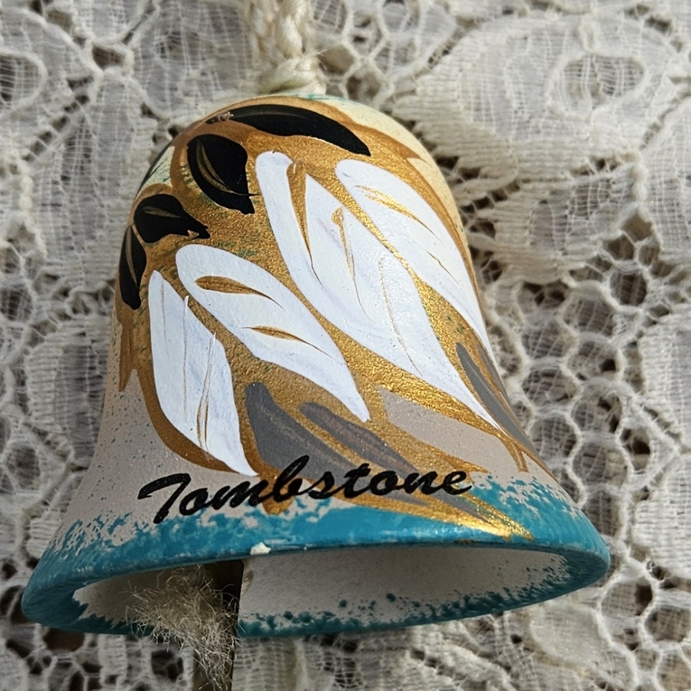 Tombstone Arizona Souvenir Gold and Teal Decorative Bell Handpainted Collectible